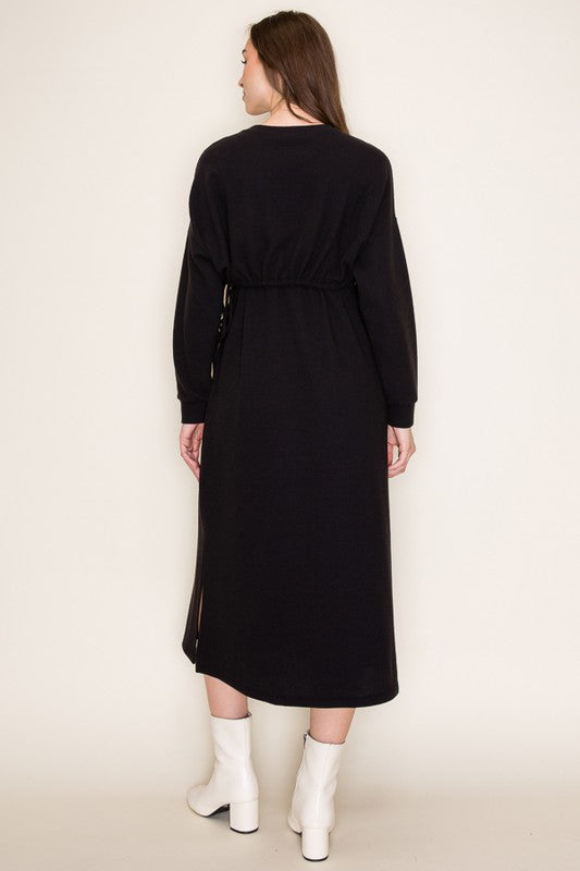 black long sleeve drawstring dress Dkny Women's Adjustable Waist Midi Shirt Dress in Black Size Small