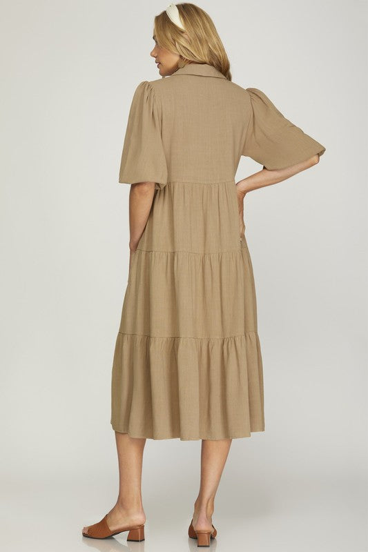 Button Down Tiered Midi Dress - Taupe Button Down Tiered Midi Dress - Taupe
