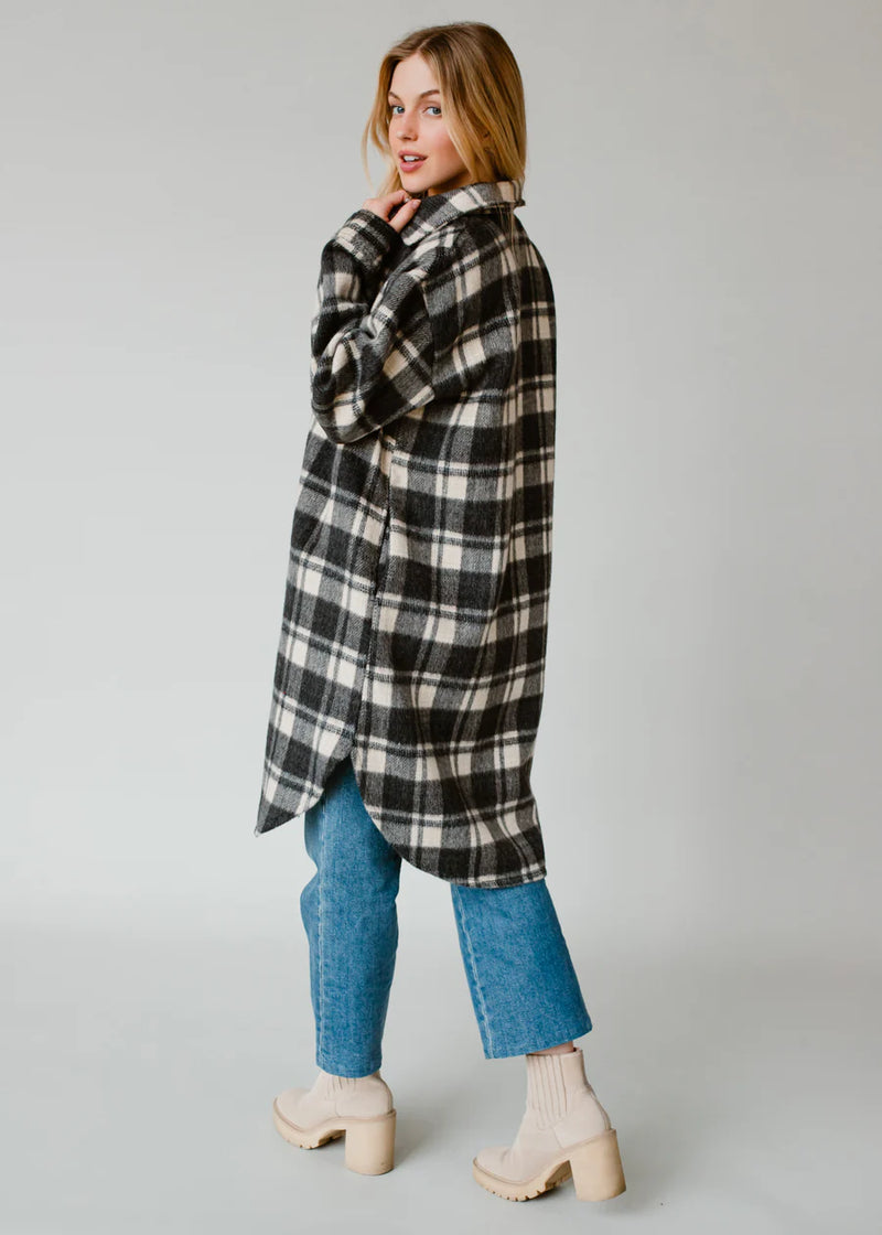 Long Plaid Flannel Coat Black Cream