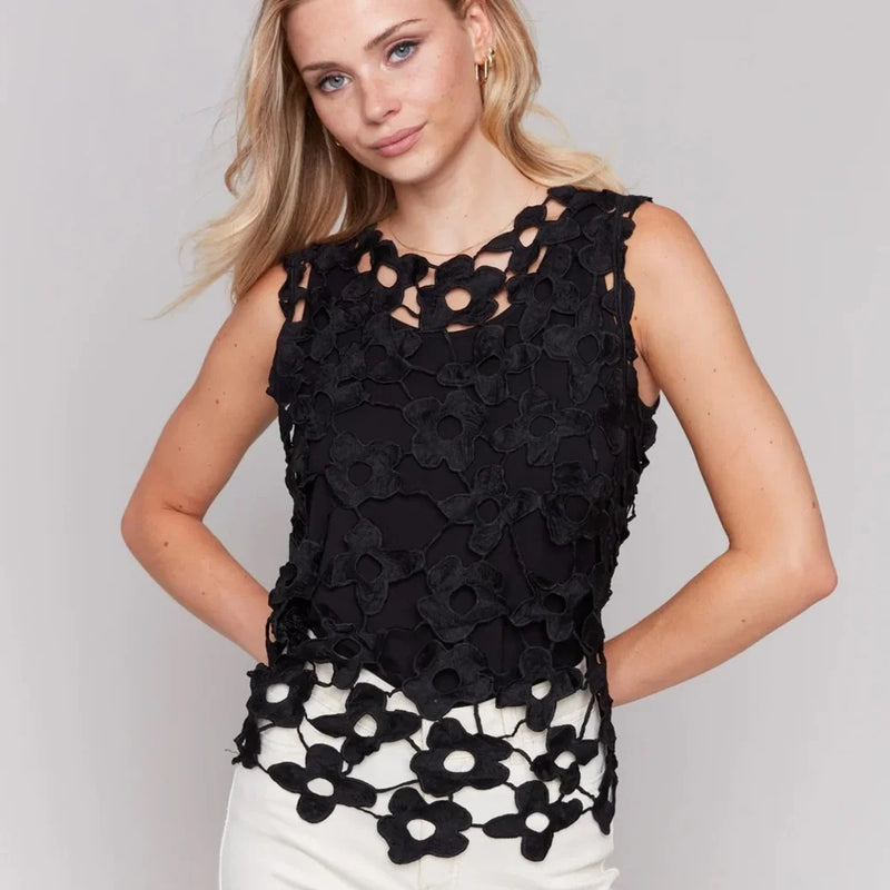 Floral Lace Open Weave Sleeveless Top - Black – The Coral Sash