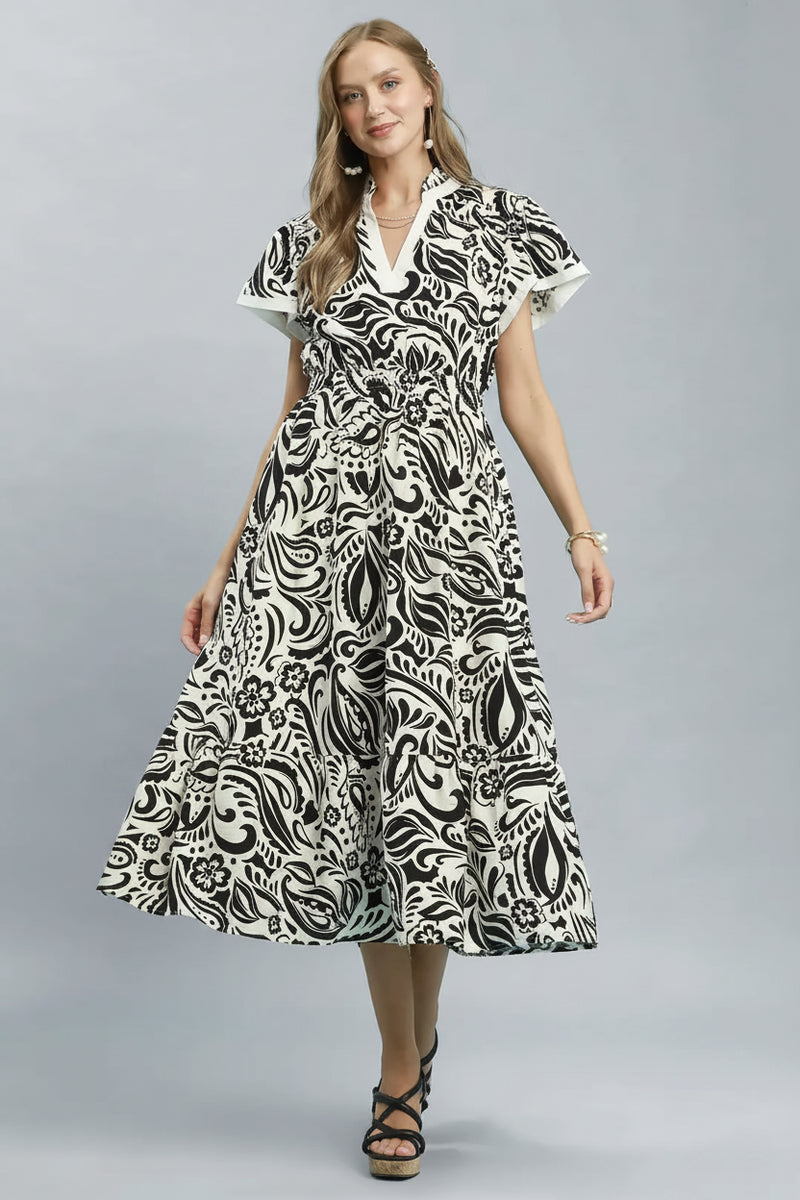 v neck ruffle sleeve midi dress V-Neck Ruffle Sleeve Midi Dress