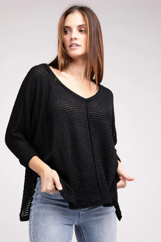 Waffle Knit V-Neck Top - Black