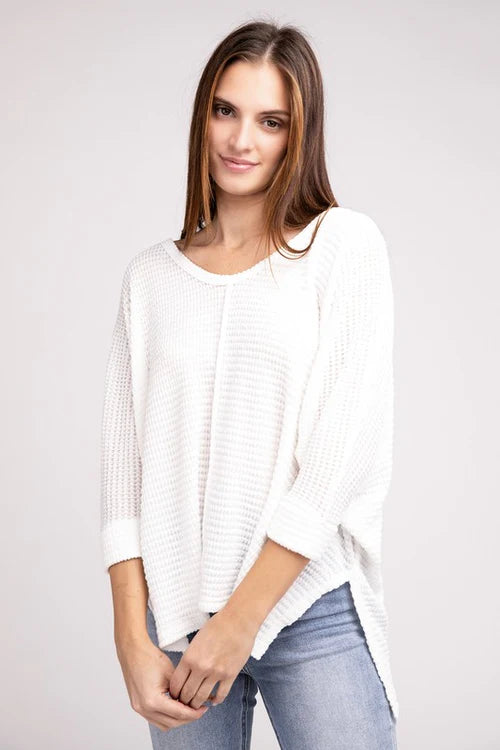 Waffle Knit V-Neck Top - Off White