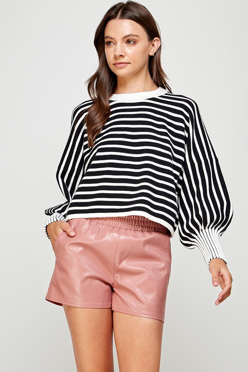 Balloon Sleeve Stripe Sweater - Black