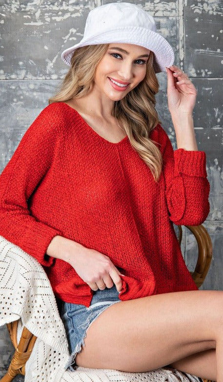 Seamed Knit Sweater - Red