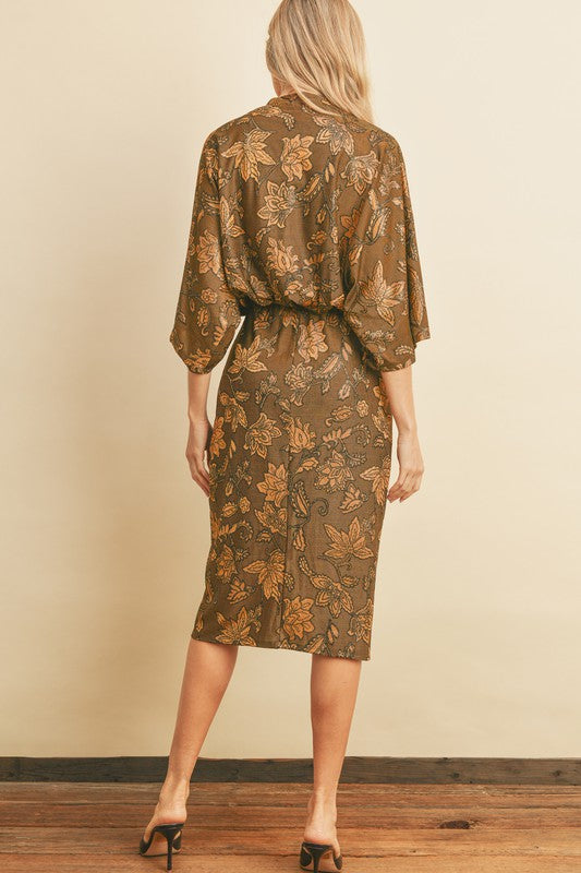 Metallic Floral Midi Dress - Golden Bronze