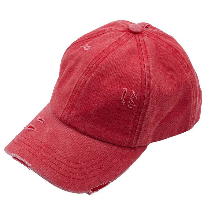 Distressed Ladder Pony Ball Cap - Red