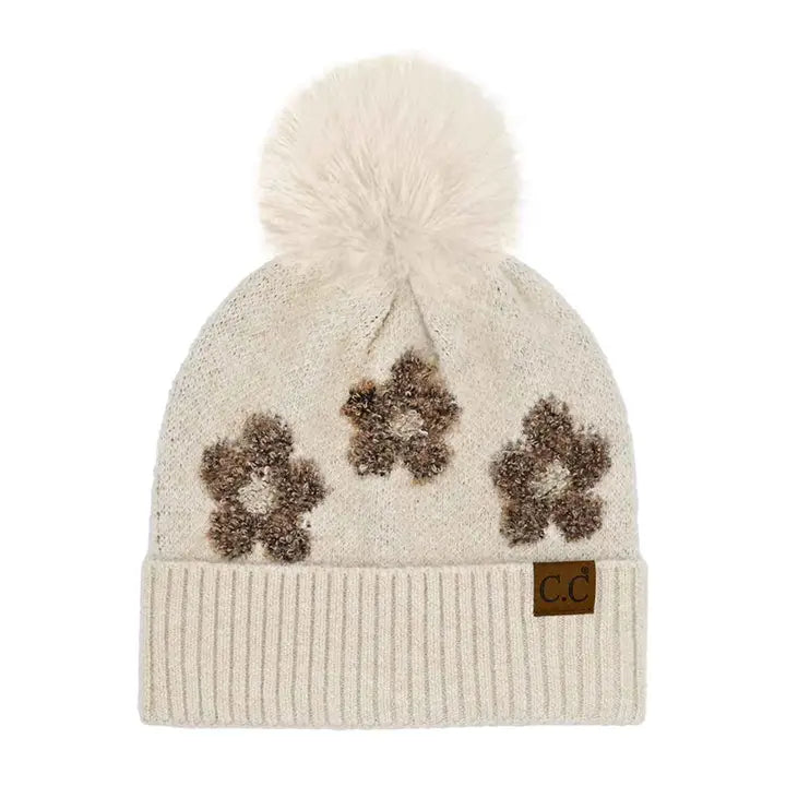 Pom Beanie Daisy Knit Hat - Heather Beige