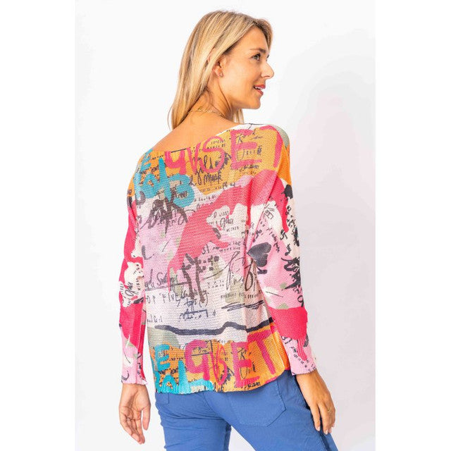 Colorful Graffiti Knit Top - Pink/Multi