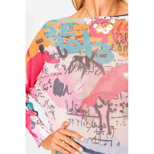 Colorful Graffiti Knit Top - Pink/Multi