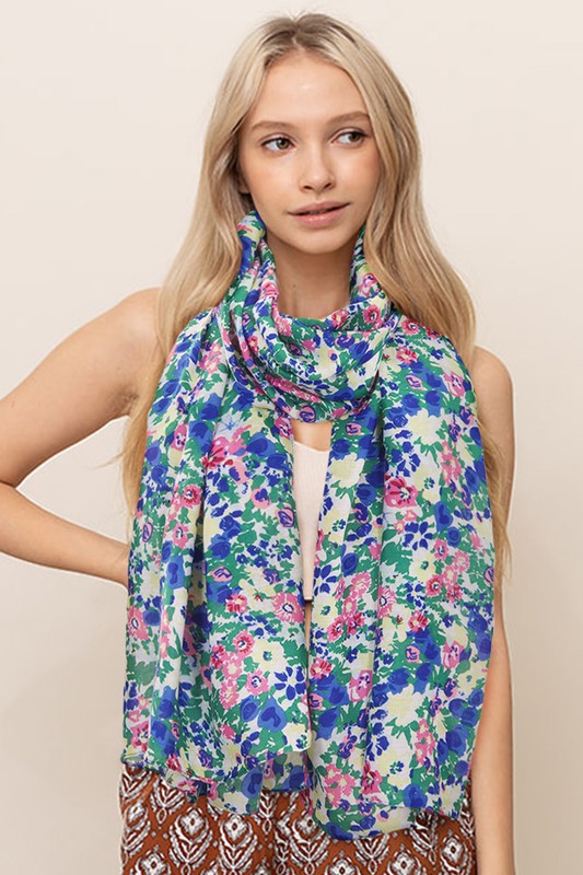 Flower Garden Print Scarf - Blue/Green