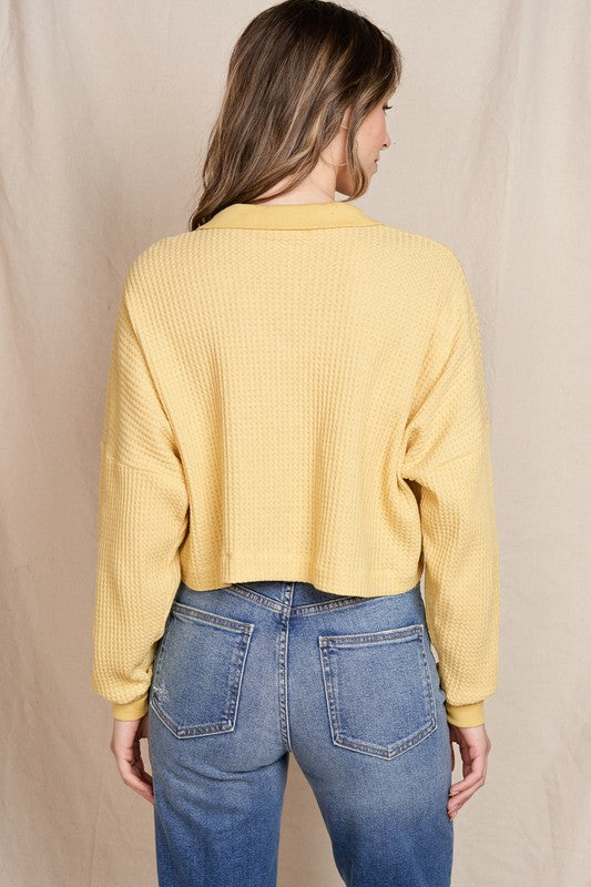 Waffle Knit Button Down Top - Mustard