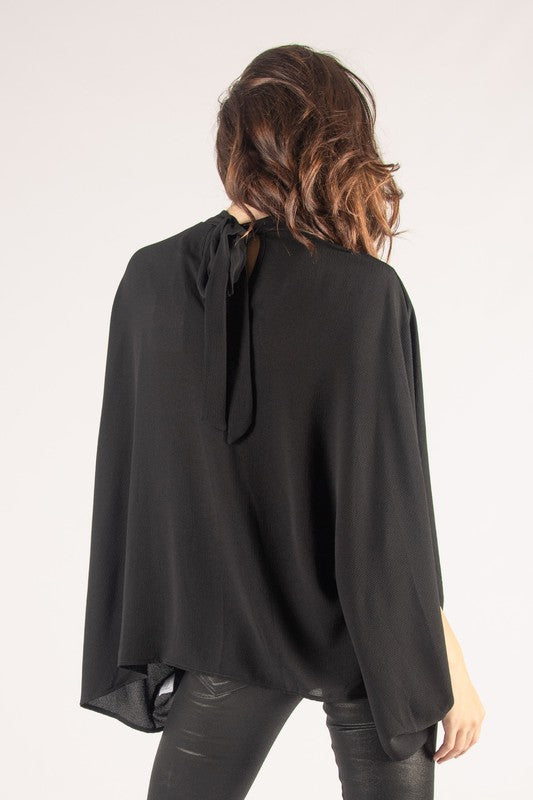 Neck Tie Crepe Top - Black