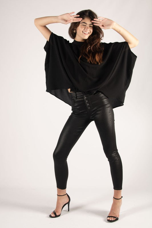 Neck Tie Crepe Top - Black