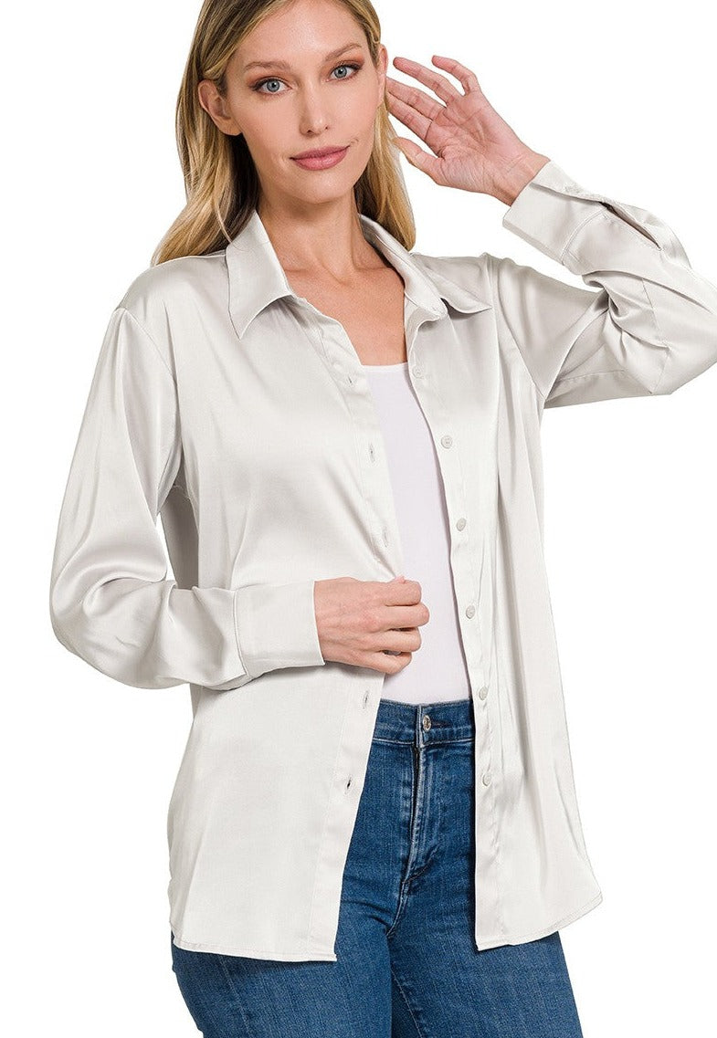 Satin Button Up Top - Bone