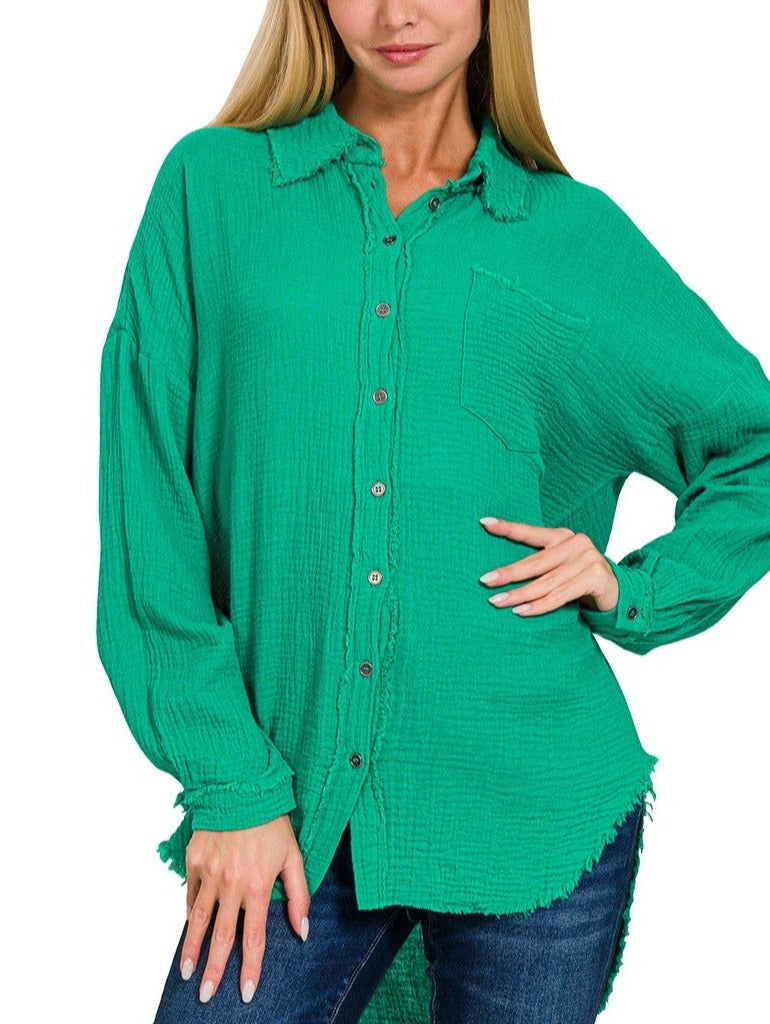 Distressed Crinkle Long Sleeve Top - Kelly Green