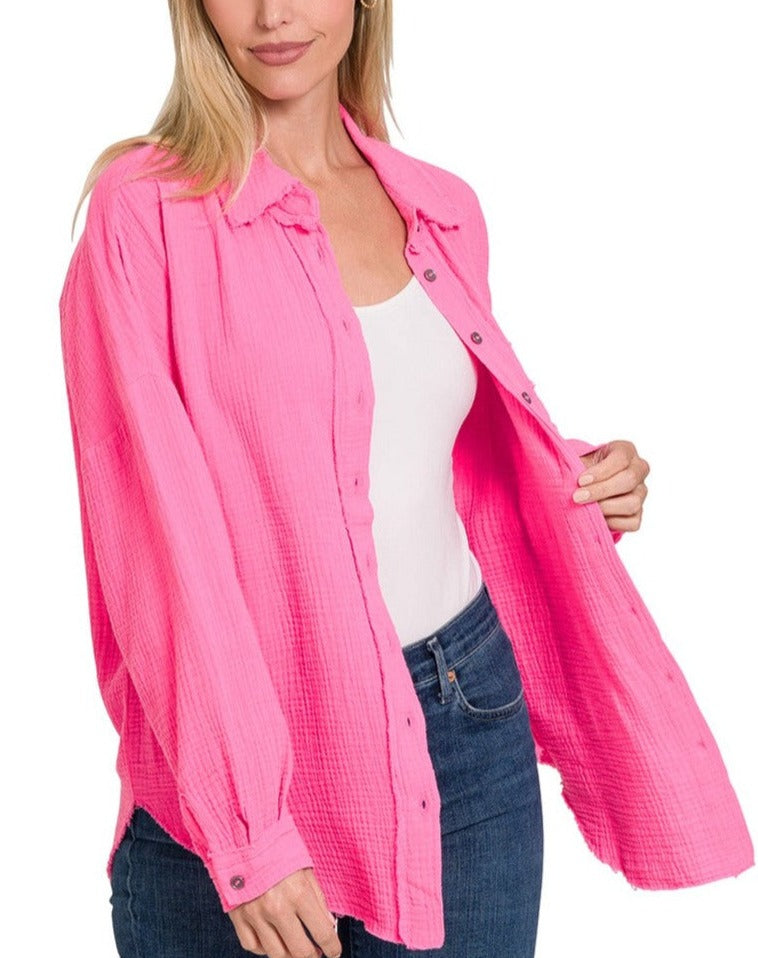 Distressed Crinkle Long Sleeve Top - Hot Pink