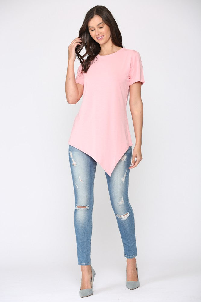 Asymmetrical Hem Short Sleeve Top - Rose