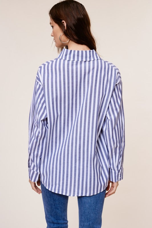 Vertical Stripes Button Down Blouse - Steel Blue