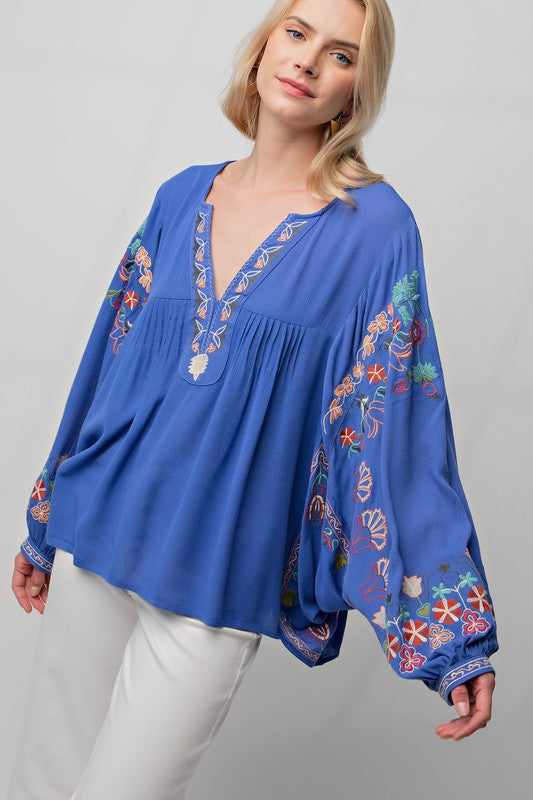 Embroidered Smock Top - Royal Blue