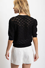 Pointelle Short Sleeve Sweater - Black