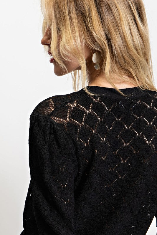 Pointelle Short Sleeve Sweater - Black
