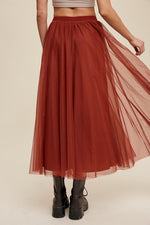 Elastic Waist Tulle Maxi Skirt - Rust