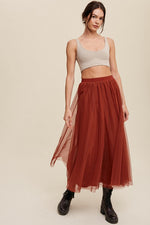 Elastic Waist Tulle Maxi Skirt - Rust