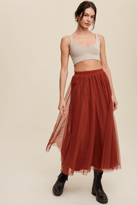 Elastic Waist Tulle Maxi Skirt - Rust