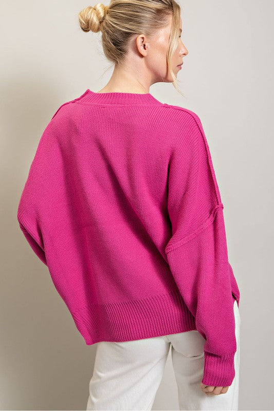 Solid Seamed Sweater - Hot Pink