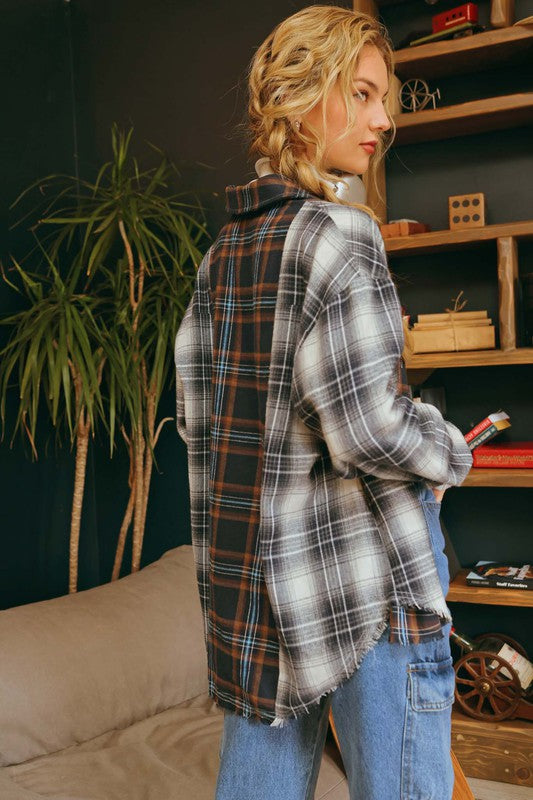 Collared Colorblock Flannel Plaid Top - Navy