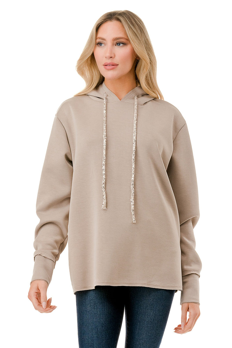Sequin Drawstring Hoodie Top - Taupe