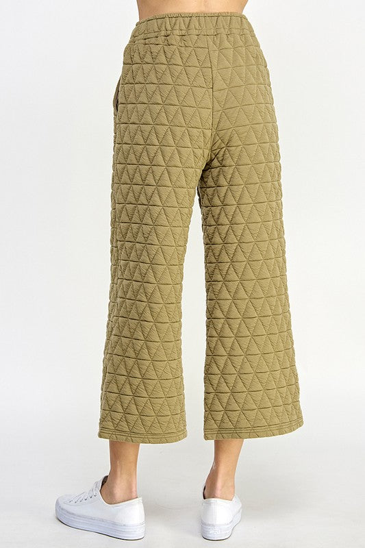 Quilted Textured Wide Leg Pants - Olive