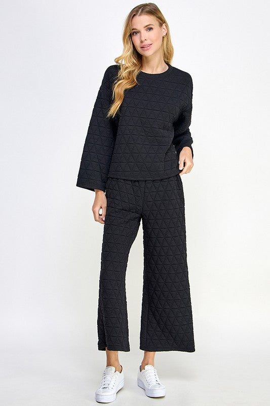 Quilted Textured Wide Leg Pants - Black