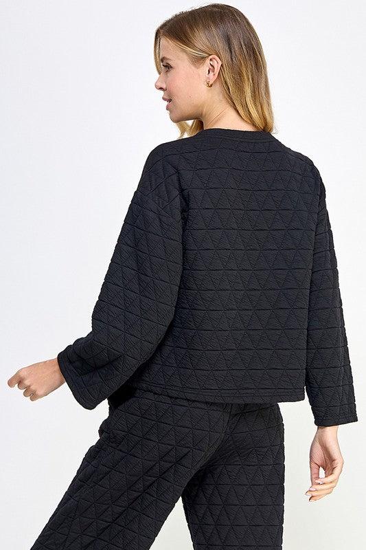 Quilted Textured Long Sleeve Top - Black