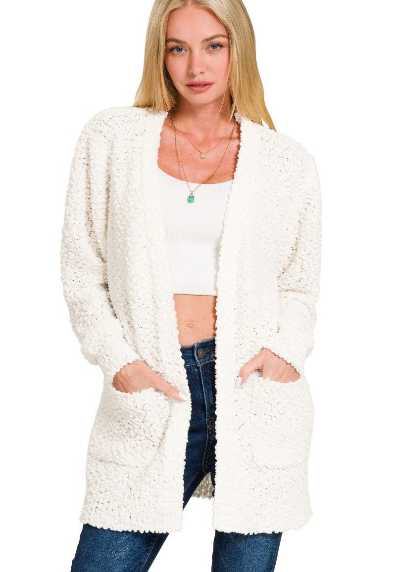 Cardigan Popcorn Knit Sweater - Ivory