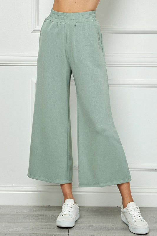 Wide Leg Cropped Pants - Sage