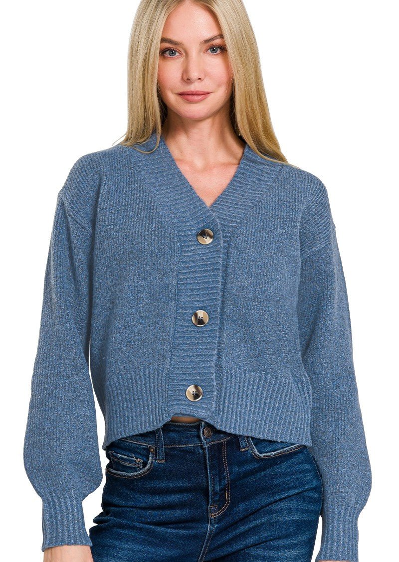 Melange Knit Cardigan Sweater - Dusty Blue