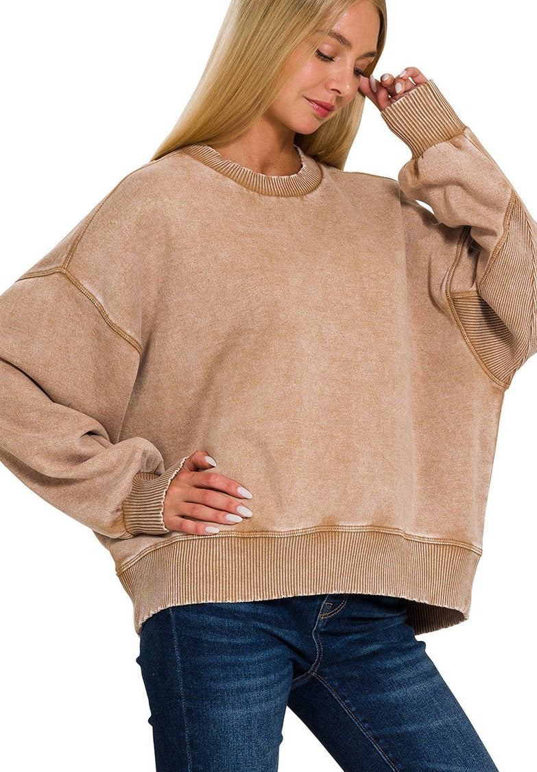 Acid Wash Fleece Top - Camel