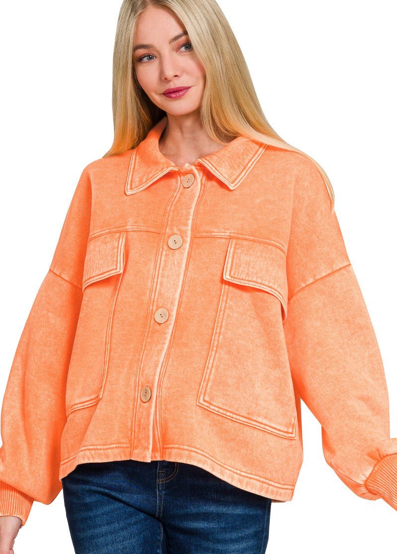 Acid Wash Fleece Cropped Shacket - Lt. Orange