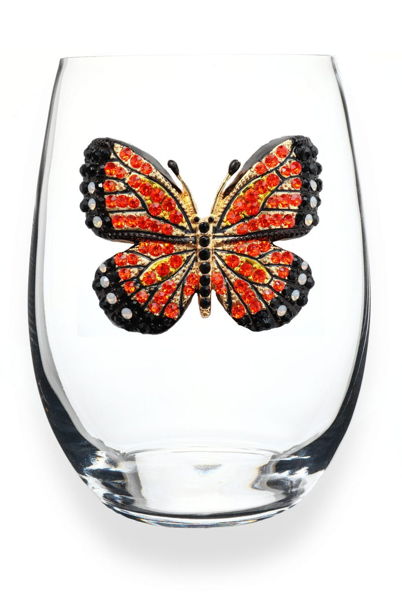 QJ Stemless Wine Glass - Monarch Butterfly