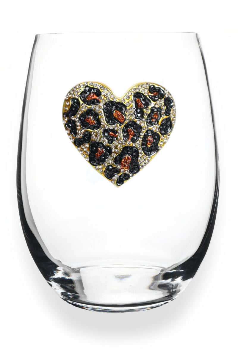 QJ Stemless Wine Glass - Leopard Heart