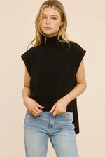 High-Low Turtleneck Tank Sweater - Black