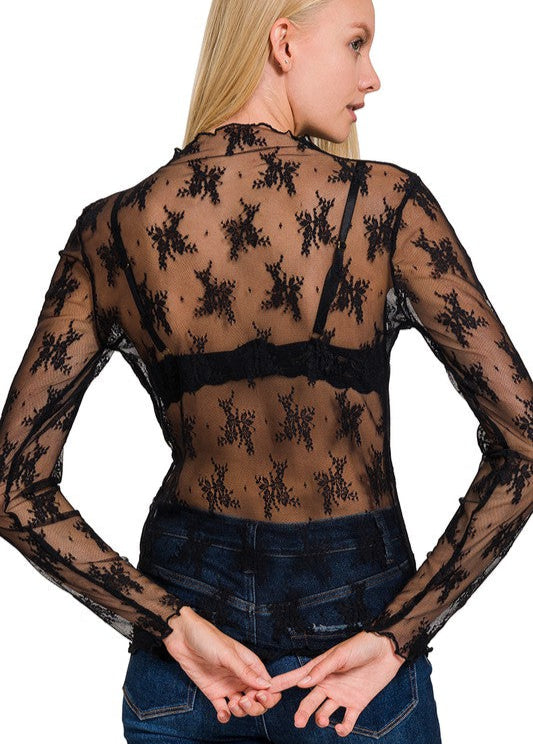 Lace Sheer Layering Top - Black