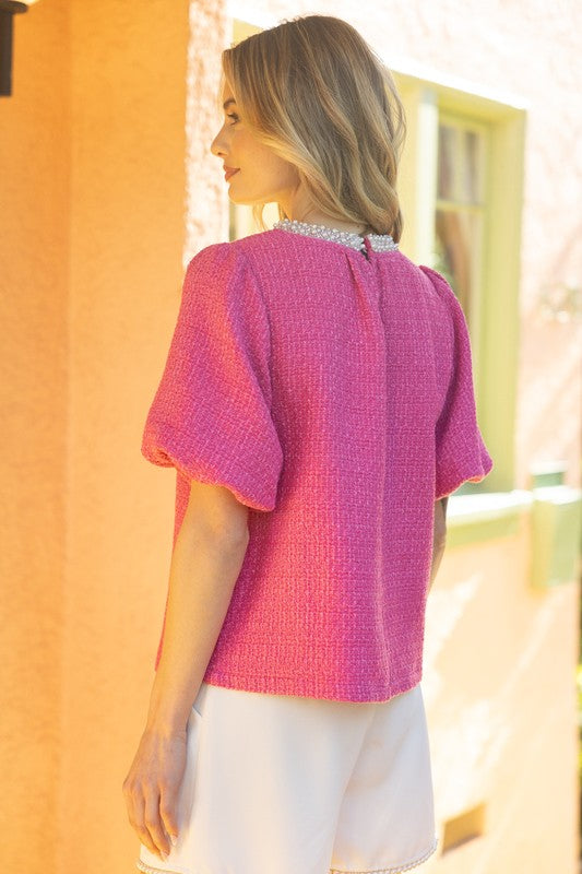 Pearl Trim Tweed Top - Hot Pink