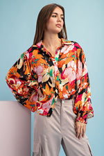 Brilliant Floral Bubble Sleeve Top - Black Multi