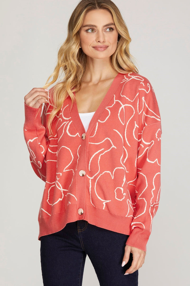 Abstract Floral V-Neck Cardigan - Coral