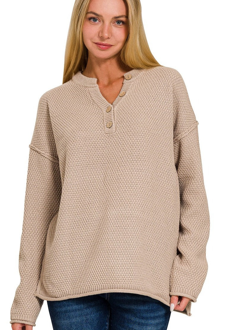 Henley Button Knit Top - Taupe