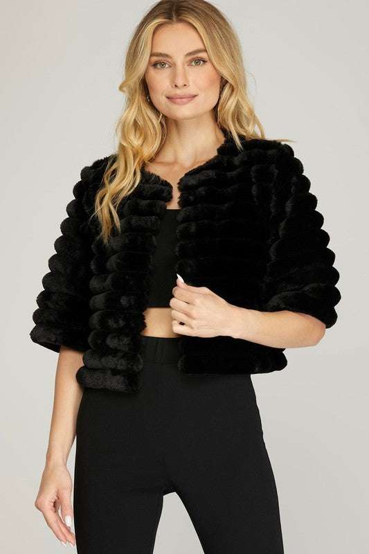 Striped Faux Fur Crop Jacket - Black