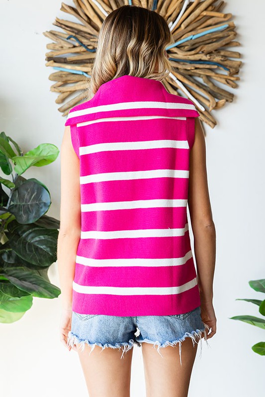 Striped Half Zip Collar Top - Fuchsia